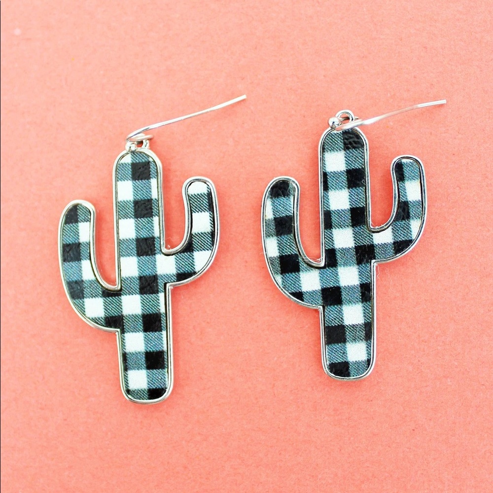 SILVERTONE BLACK BUFFALO PLAID CACTUS EARRINGS